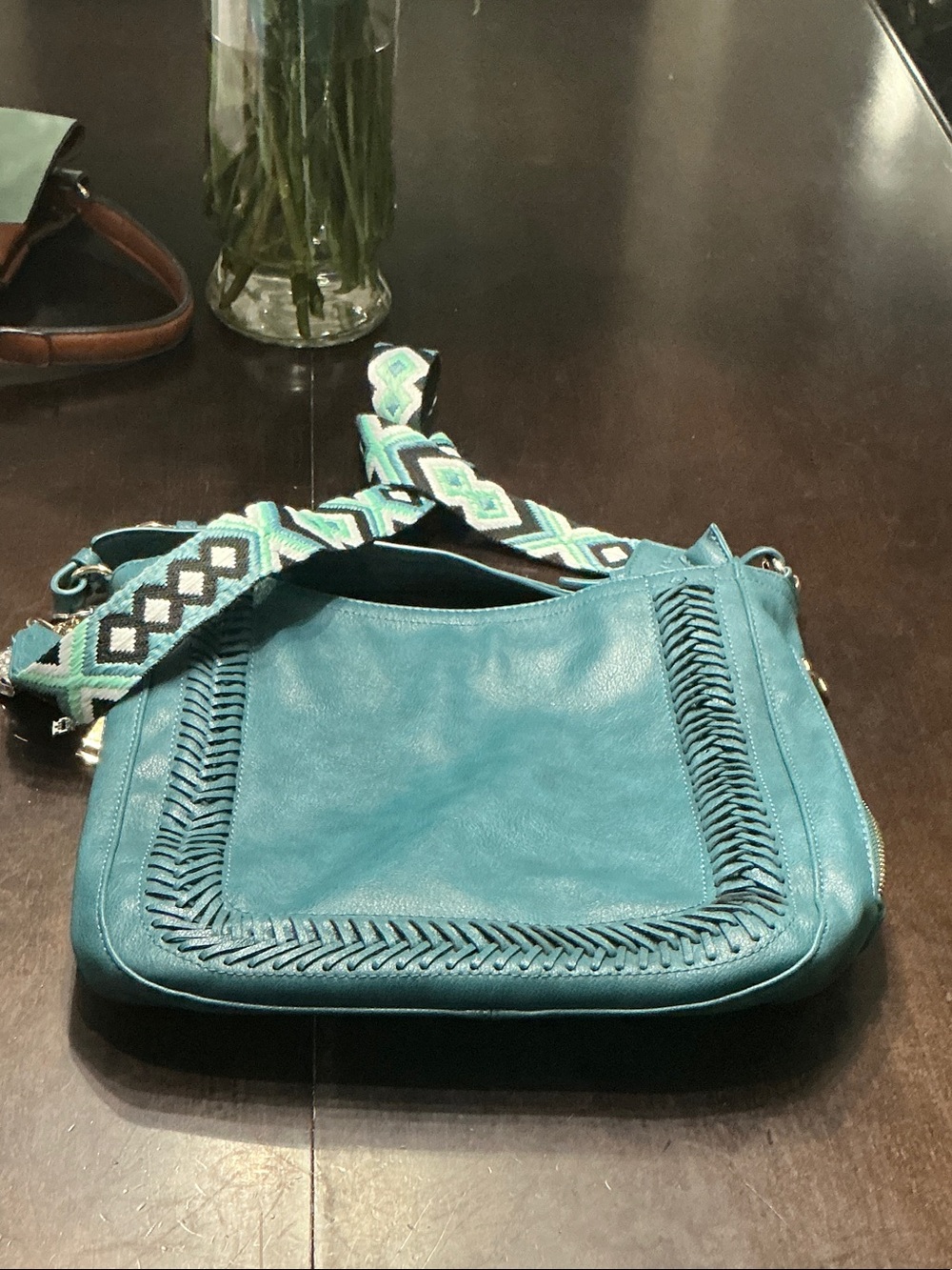 Teal Braided-Trim Crossbody Bag with Patterned Strap by Jen & Co